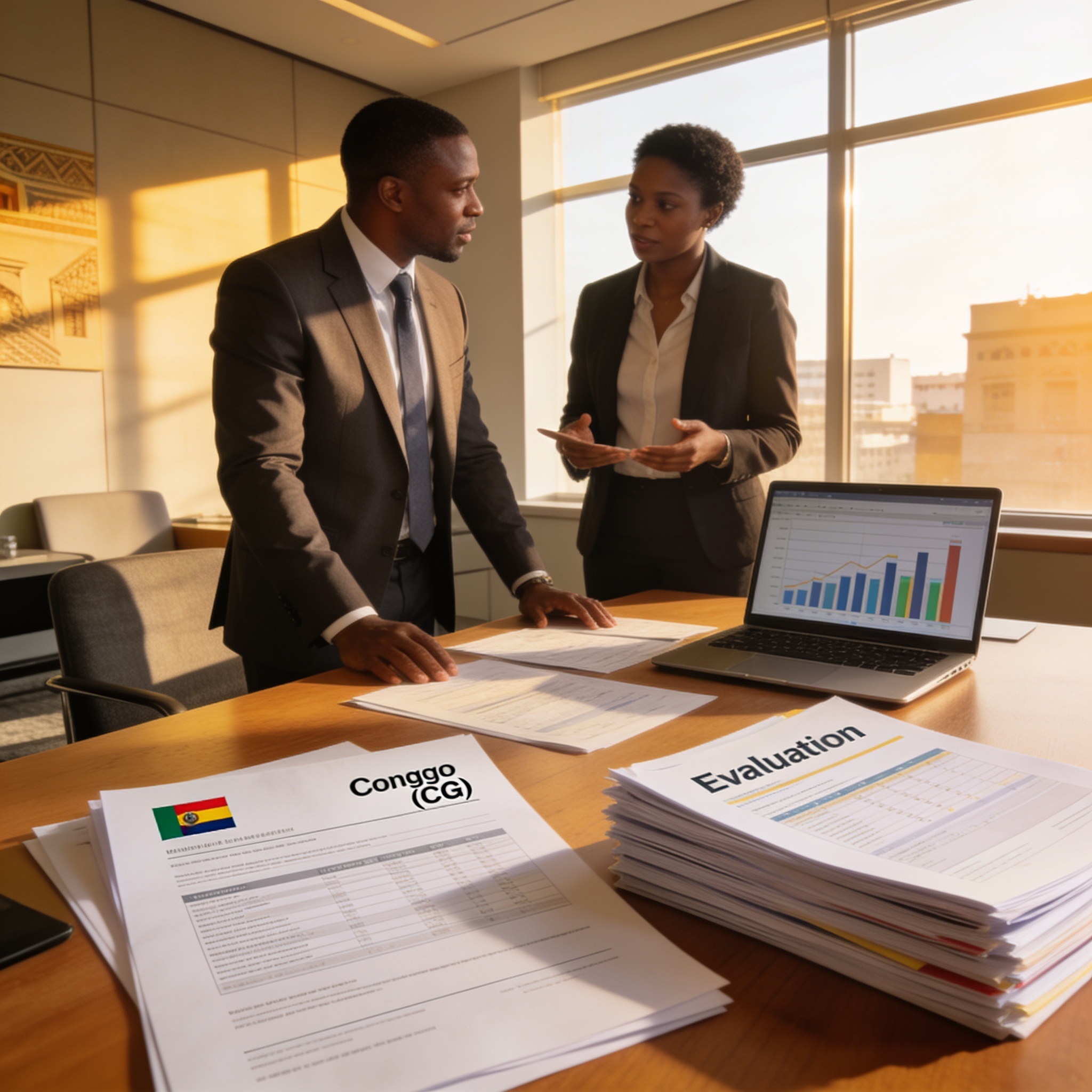 Create an editorial news illustration for an article about 'Congo : la CNTR lance l’évaluation 2025 de la transparence des finances publiques avec l’appui du PNUD'. The specific country is CG (CG); make visual cues accurate to this exact country and