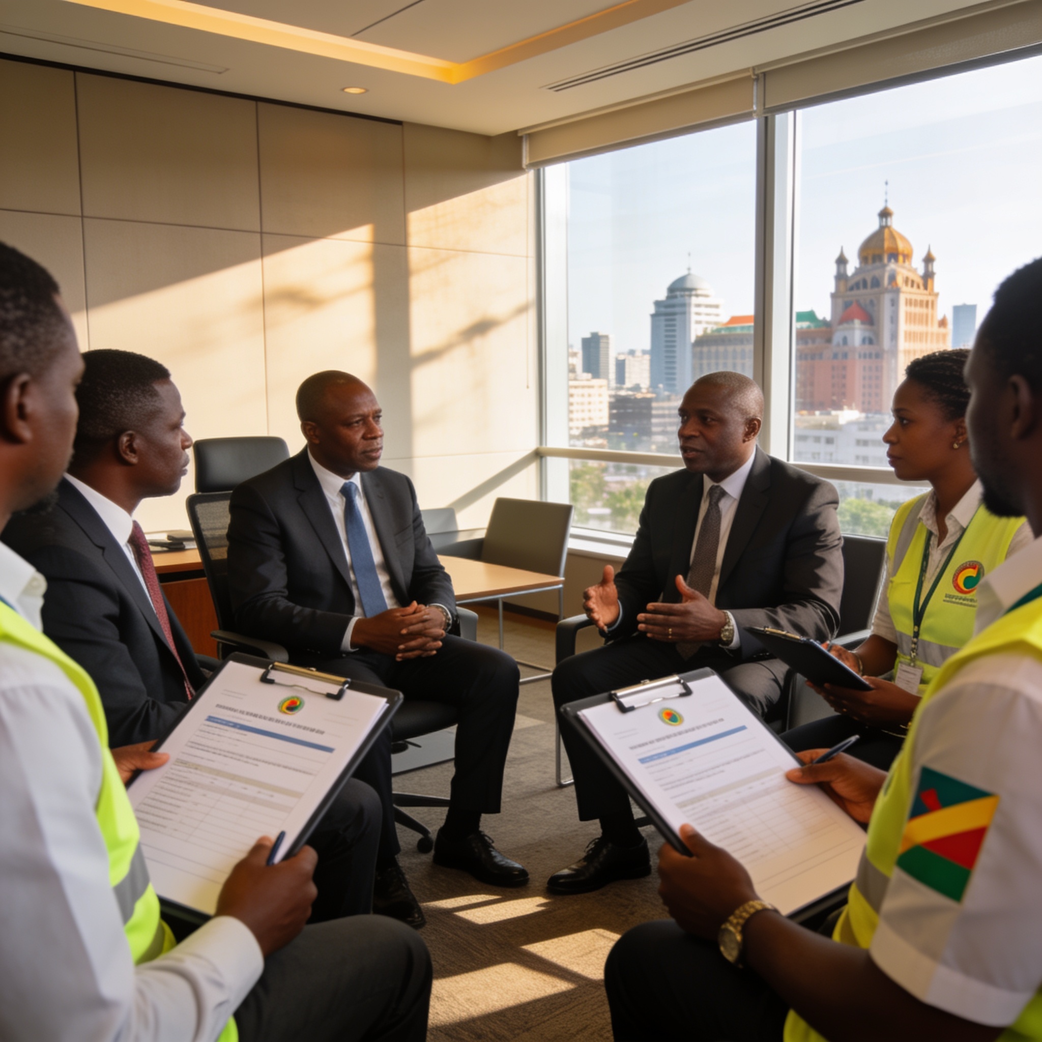 Create an editorial news illustration for an article about 'Congo : Lancement de l’enquête nationale sur la sécurité alimentaire et la vulnérabilité'. The specific country is Republiqe du Congo (CG); make visual cues accurate to this exact country an