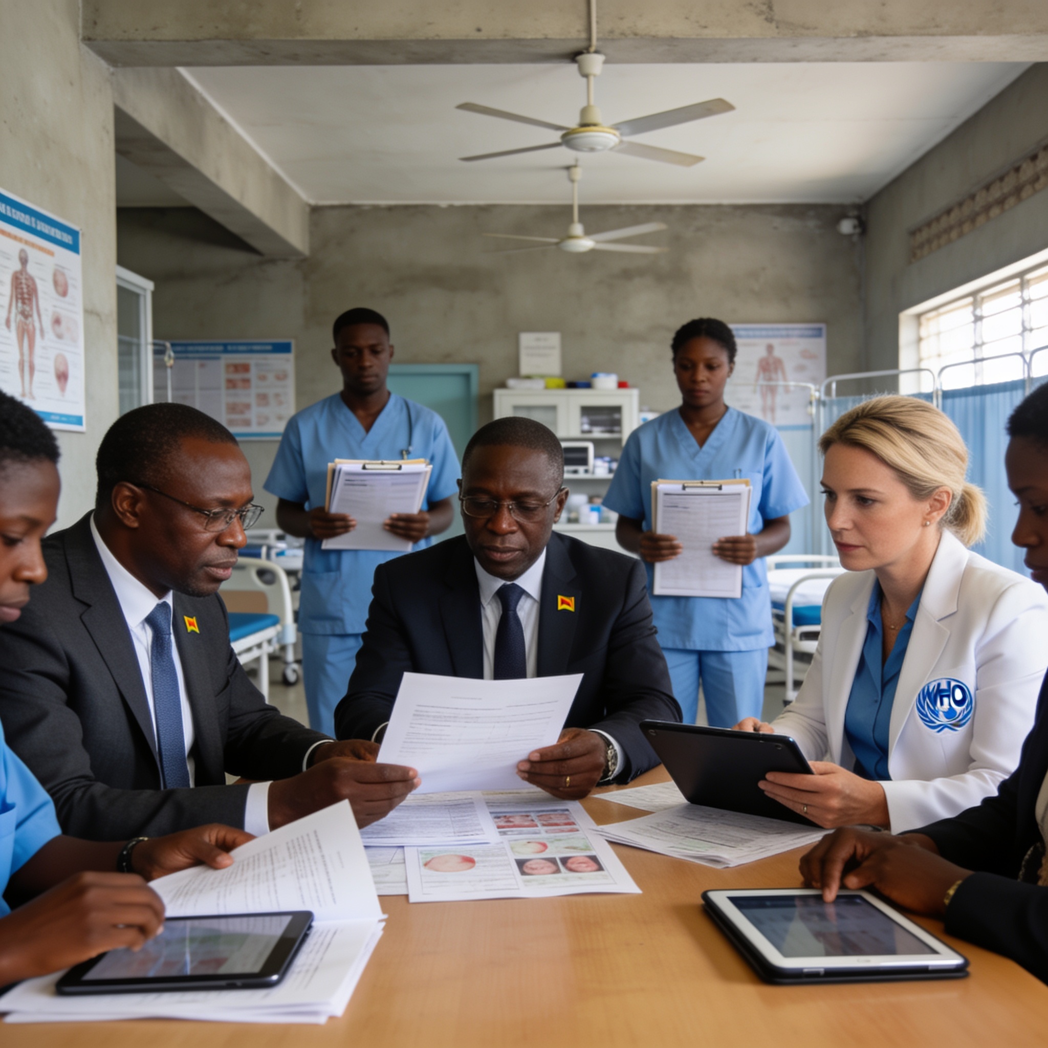 Create an editorial news illustration for an article about 'Congo : le gouvernement dresse le bilan semestriel des hôpitaux avec l’appui de l’OMS'. The specific country is CG (CG); make visual cues accurate to this exact country and avoid flags or sy