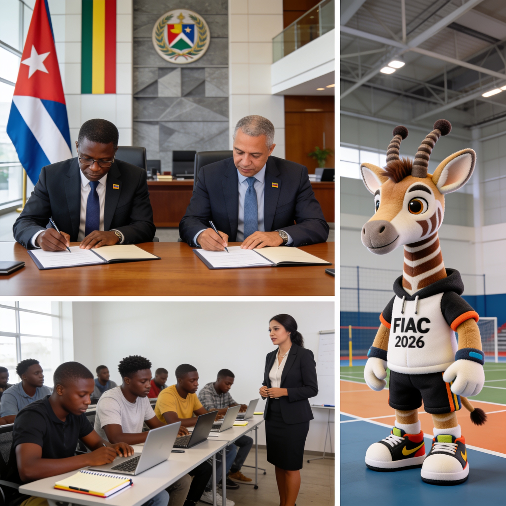 Create an editorial news illustration for an article about 'Congo : ratification de l’accord avec Cuba, formation des jeunes et nouvelle mascotte pour la FIAC 2026'. The specific country is Republiqe du Congo (CG); make visual cues accurate to this e