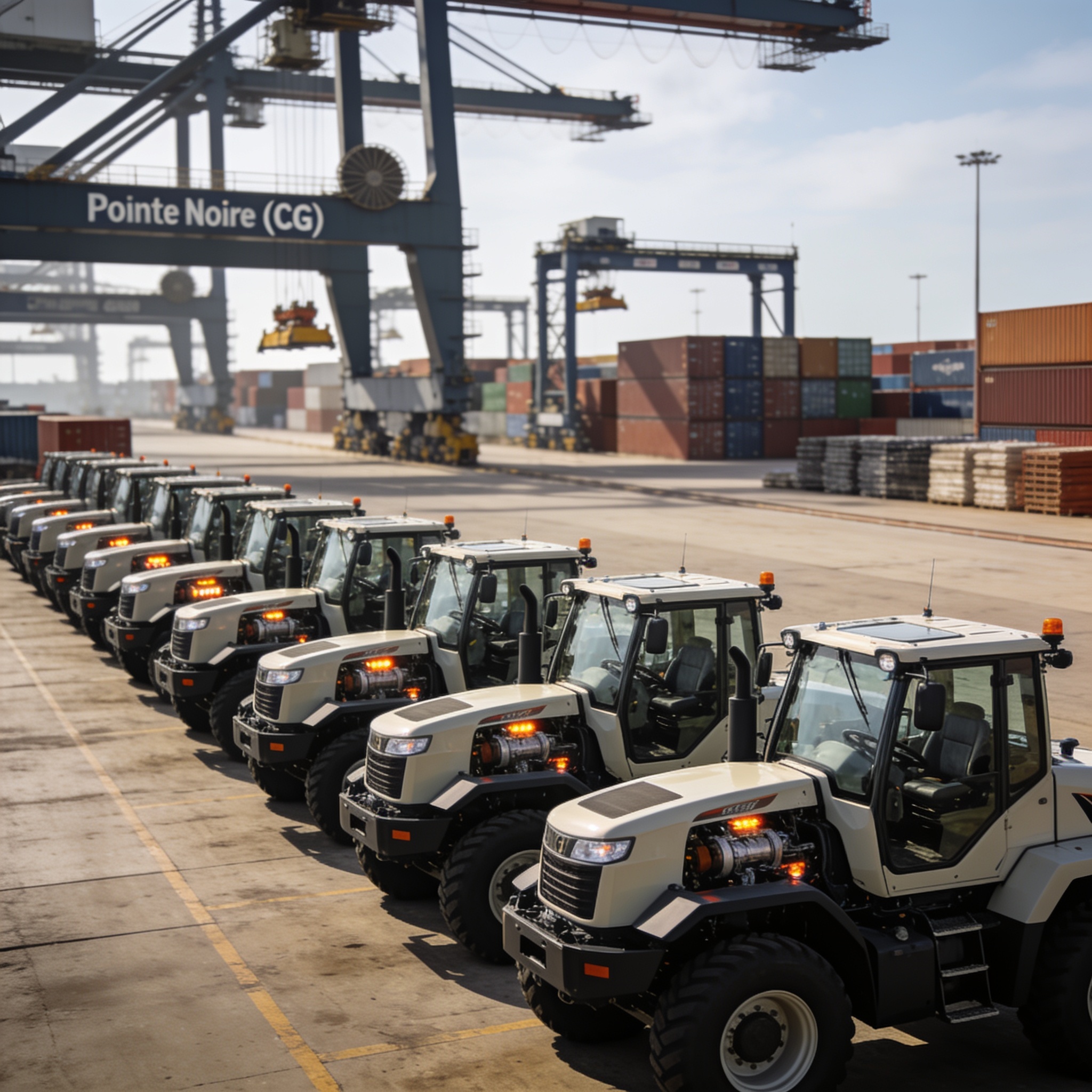 Create an editorial news illustration for an article about 'Congo Terminal muscle sa flotte avec 22 nouveaux tracteurs portuaires à Pointe-Noire'. The specific country is CG (CG); make visual cues accurate to this exact country and avoid flags or sym