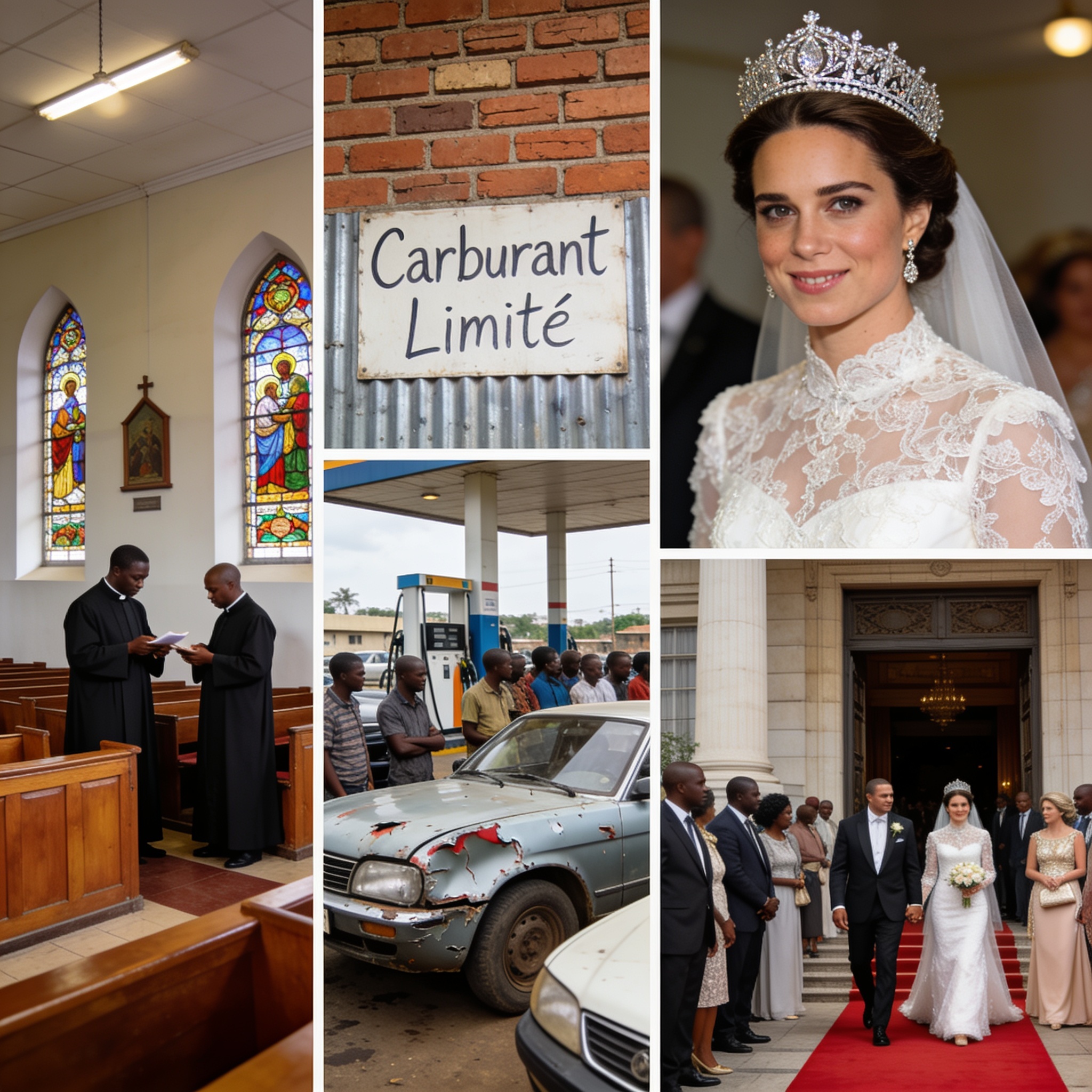 Create an editorial news illustration for an article about 'Congo : une semaine entre ordinations, alerte carburant et mariage princier'. The specific country is Republiqe du Congo (CG); make visual cues accurate to this exact country and avoid flags