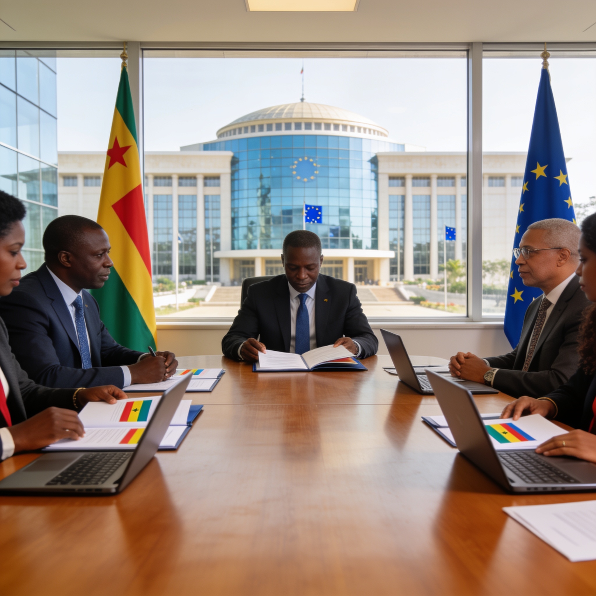 Create an editorial news illustration for an article about 'Coopération Congo-UE : un partenariat consolidé pour des réformes durables'. The specific country is CG (CG); make visual cues accurate to this exact country and avoid flags or symbols of si