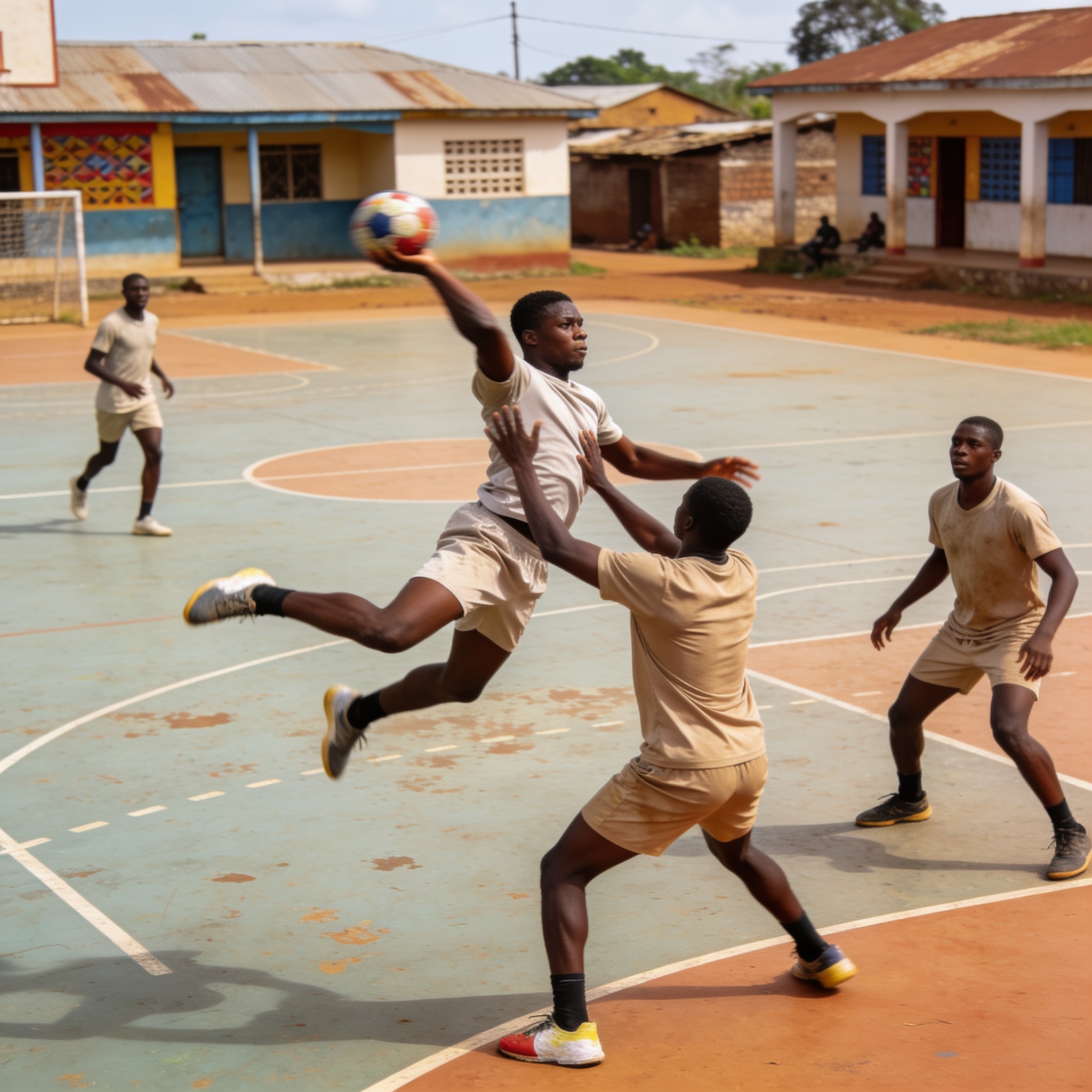Create an editorial news illustration for an article about 'Cuvette : le handball reprend vie à Owando avec un tournoi de gala'. The specific country is CG (CG); make visual cues accurate to this exact country and avoid flags or symbols of similar co