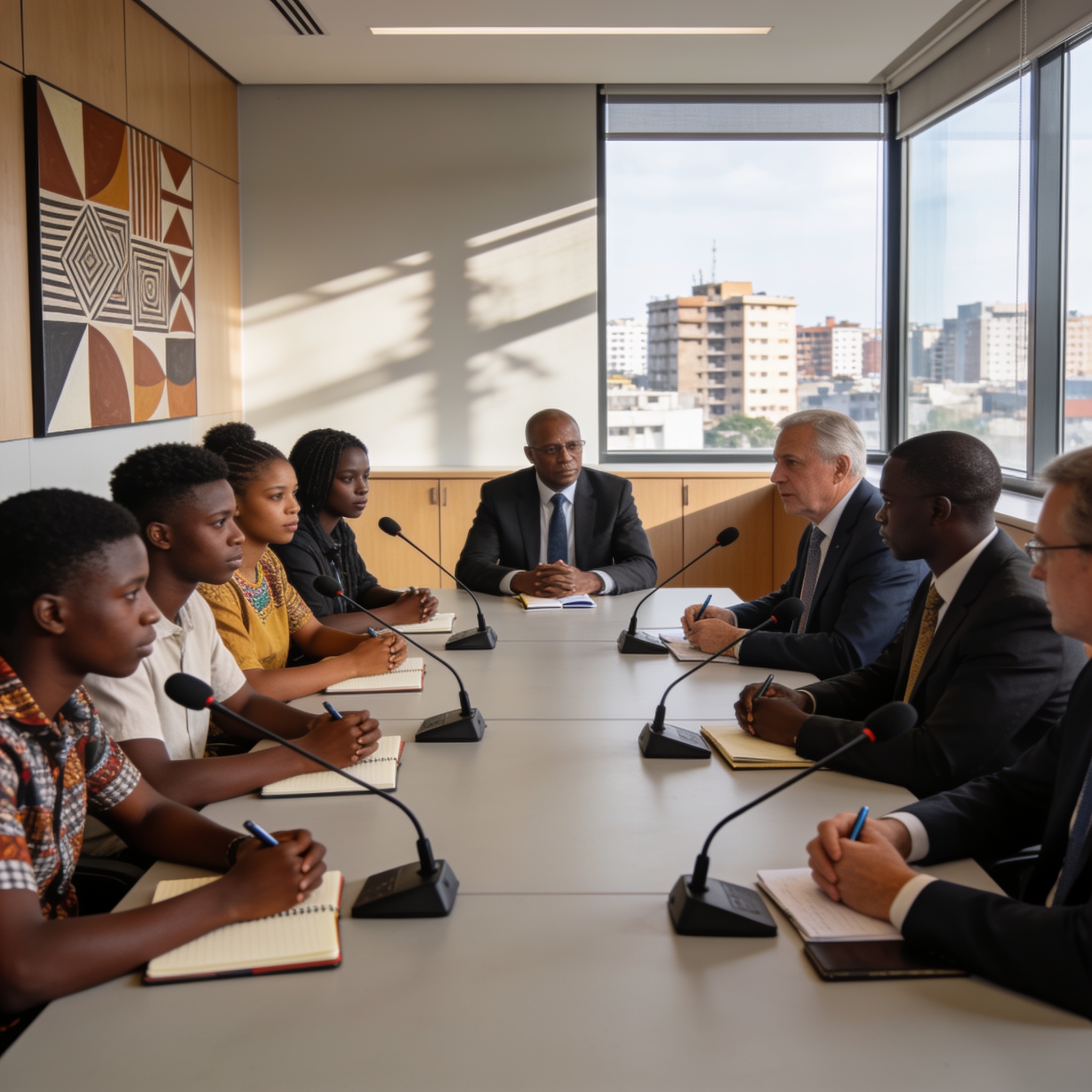 Create an editorial news illustration for an article about 'Diplomatie et droits humains : le Congo à l’écoute de sa jeunesse et des engagements internationaux'. The specific country is Republiqe du Congo (CG); make visual cues accurate to this exact