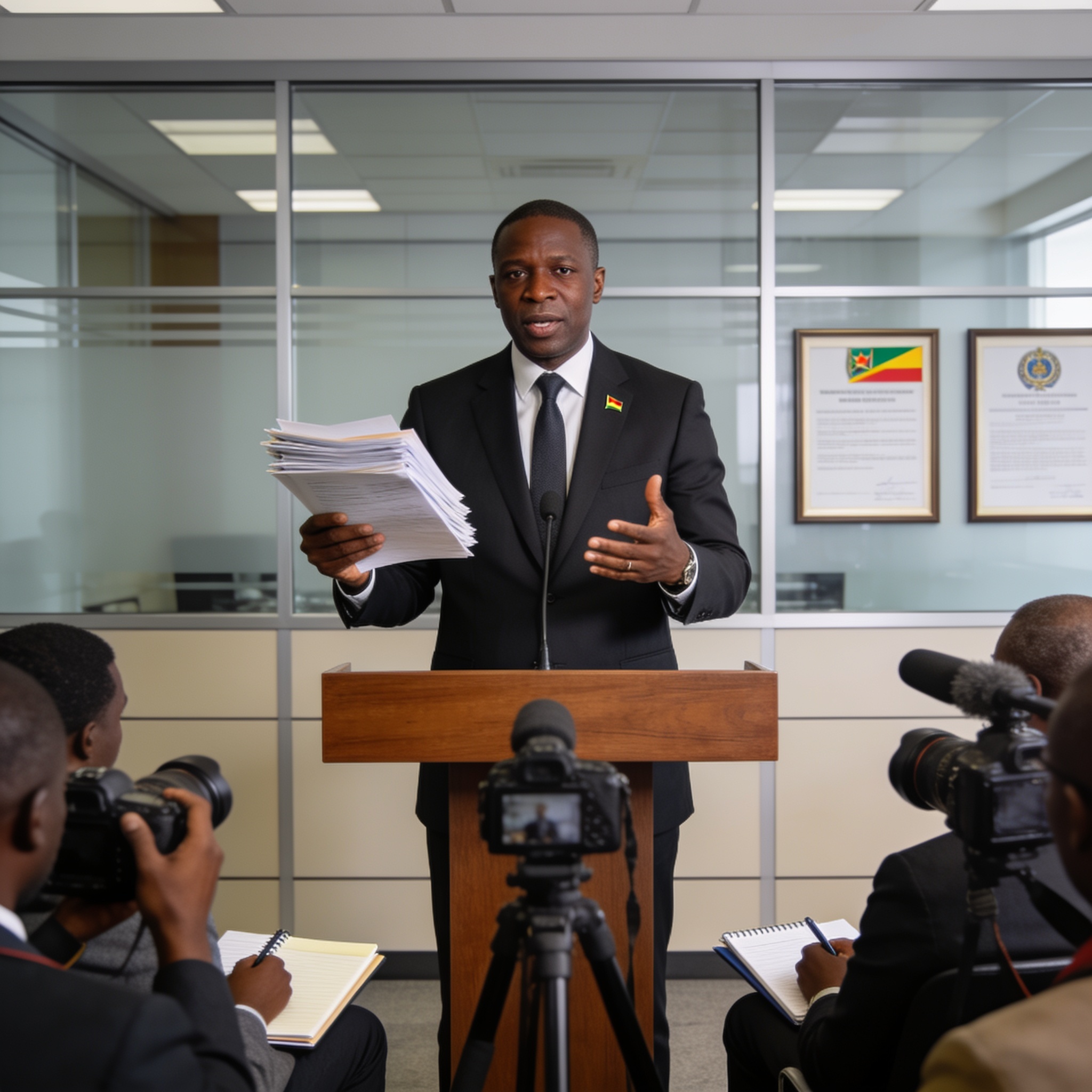 Create an editorial news illustration for an article about 'Fonction publique congolaise : Pierre Mabiala annonce une refonte radicale'. The specific country is Republiqe du Congo (CG); make visual cues accurate to this exact country and avoid flags