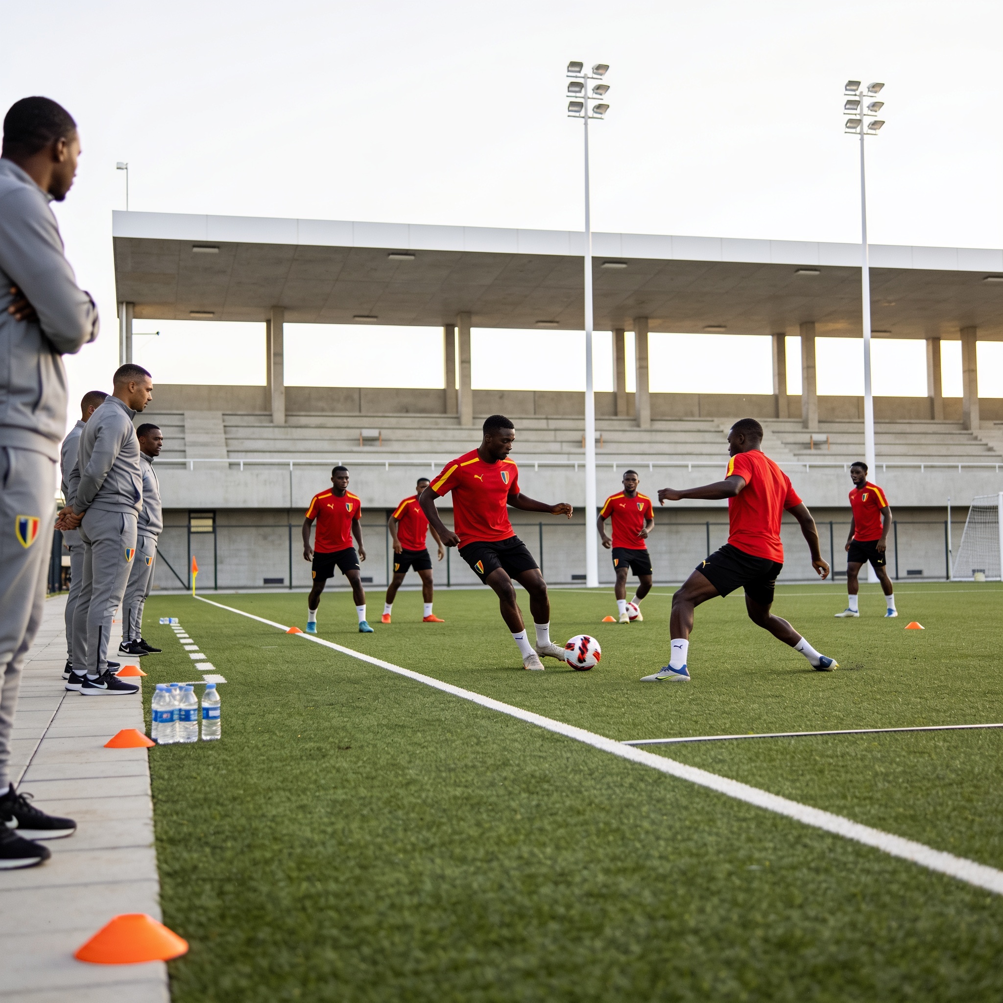 Create an editorial news illustration for an article about 'Football : Les Diables Rouges en pleine préparation estivale avant la nouvelle saison'. The specific country is Republiqe du Congo (CG); make visual cues accurate to this exact country and a