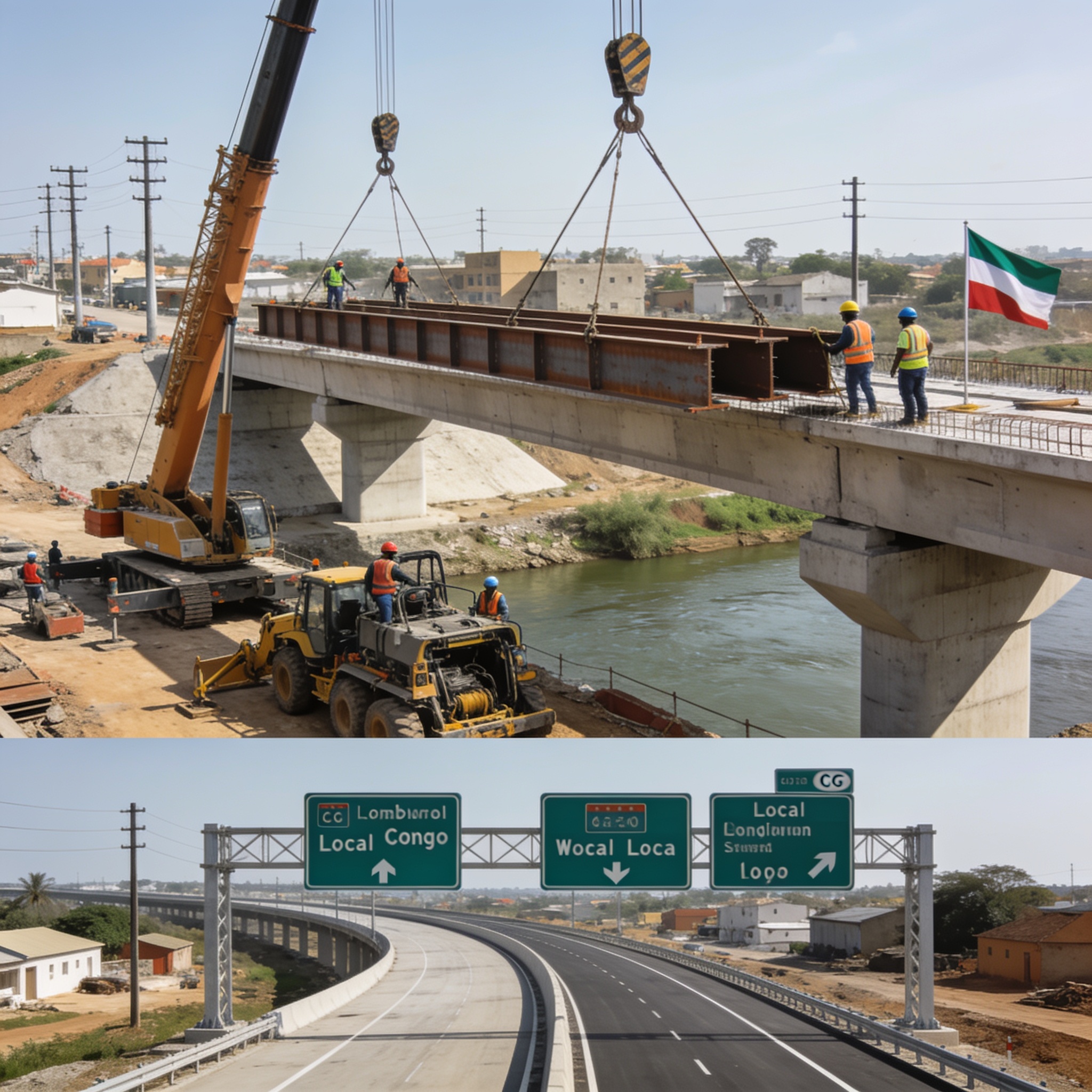 Create an editorial news illustration for an article about "Infrastructures et coopération : le Congo à l'heure des grands chantiers". The specific country is Republiqe du Congo (CG); make visual cues accurate to this exact country and avoid flags or