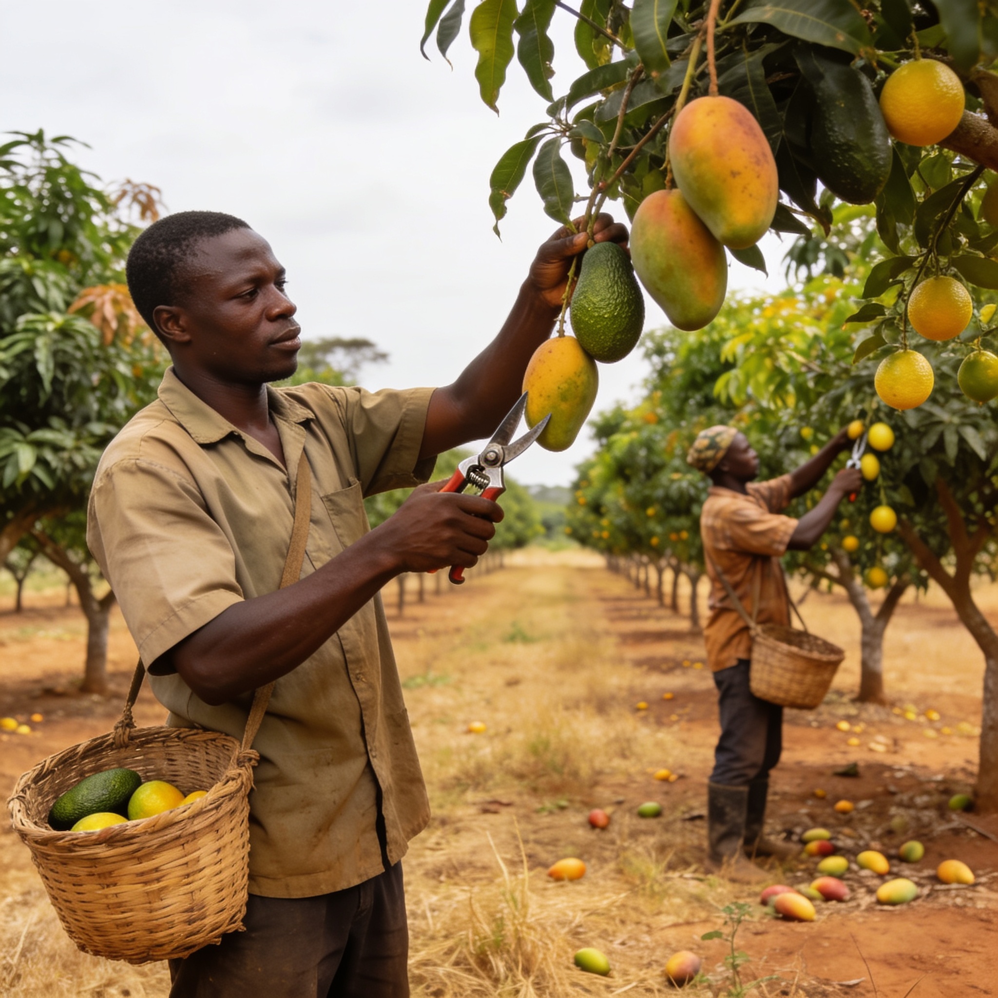 Create an editorial news illustration for an article about 'Investir dans un verger au Congo : une tendance verte pour l’autonomie alimentaire'. The specific country is CG (CG); make visual cues accurate to this exact country and avoid flags or symbo