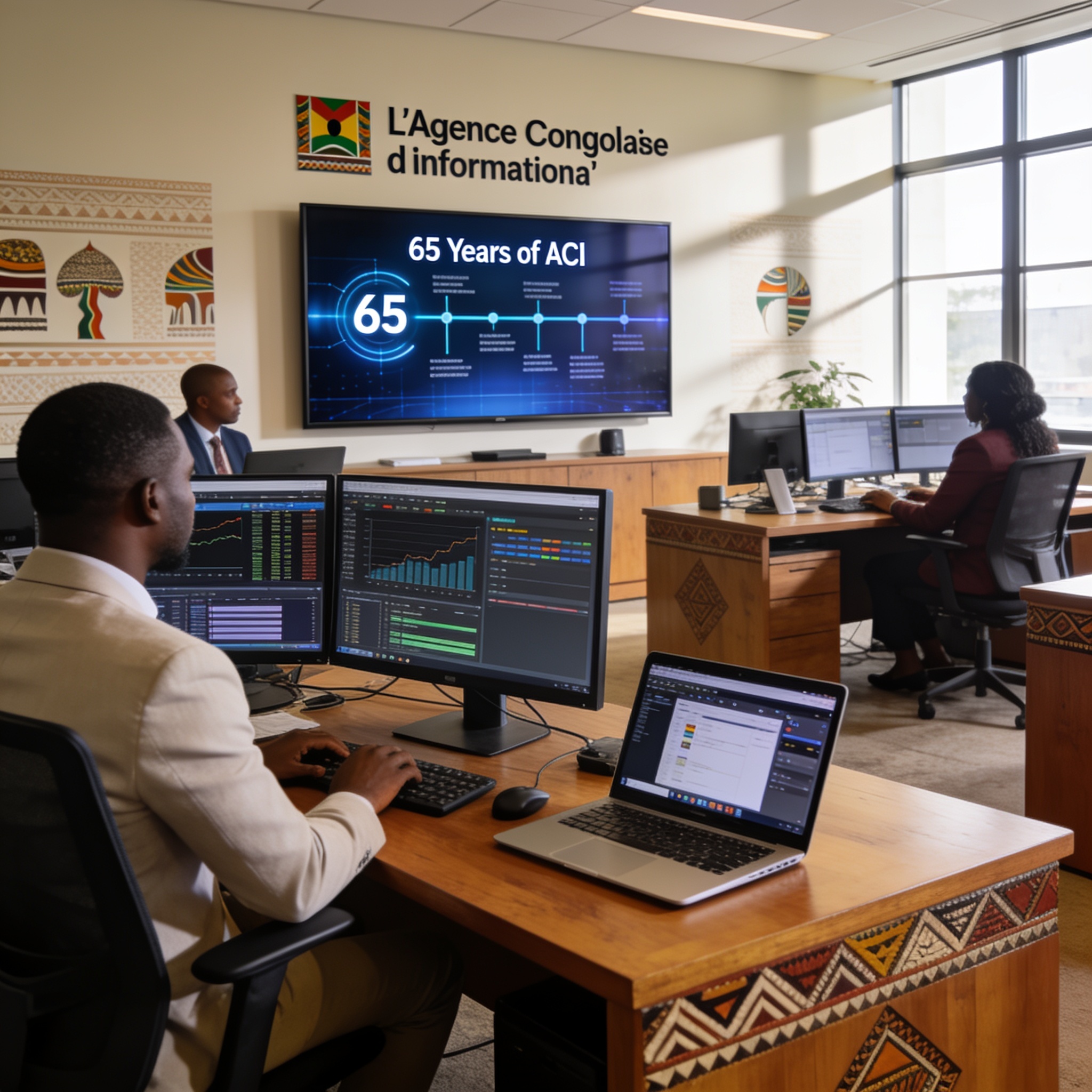 Create an editorial news illustration for an article about "L'Agence Congolaise d'Information célèbre 65 ans d'existence : le gouvernement annonce une transformation numérique". The specific country is Republiqe du Congo (CG); make visual cues accura