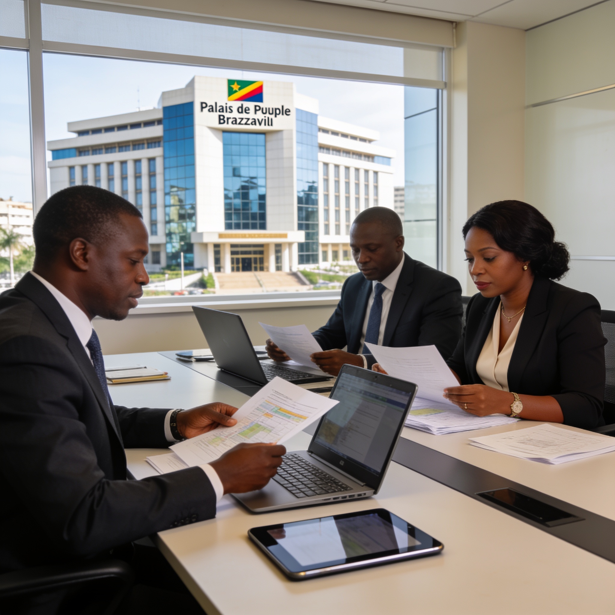 Create an editorial news illustration for an article about 'Le ministère de la Réforme de l’État dévoile son plan pour moderniser l’administration congolaise'. The specific country is Republiqe du Congo (CG); make visual cues accurate to this exact c