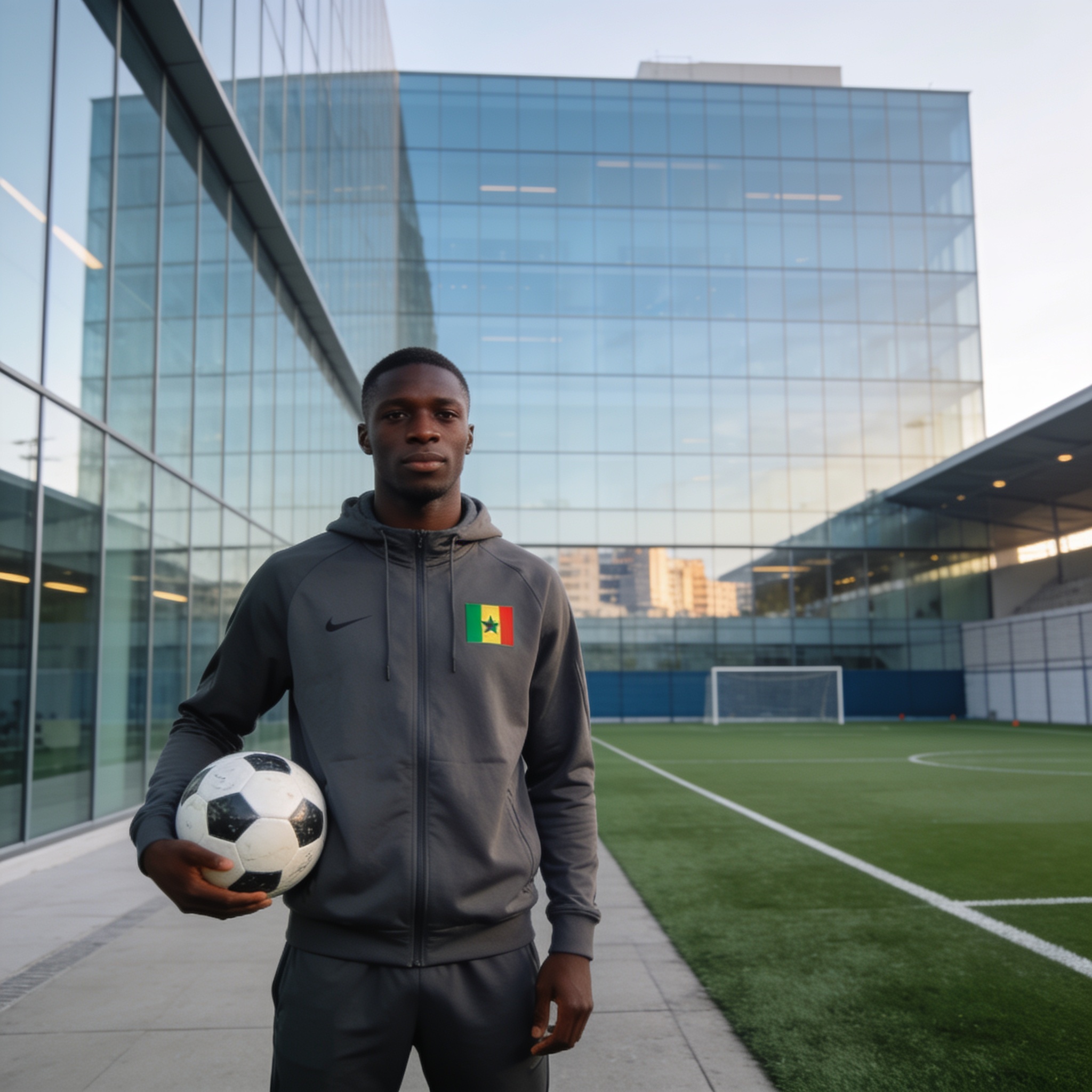 Create an editorial news illustration for an article about 'Mercato : Le Bayern Munich renonce à l’option d’achat de Nicolas Jackson, l’attaquant sénégalais retournera à Chelsea'. The specific country is CG (CG); make visual cues accurate to this exa