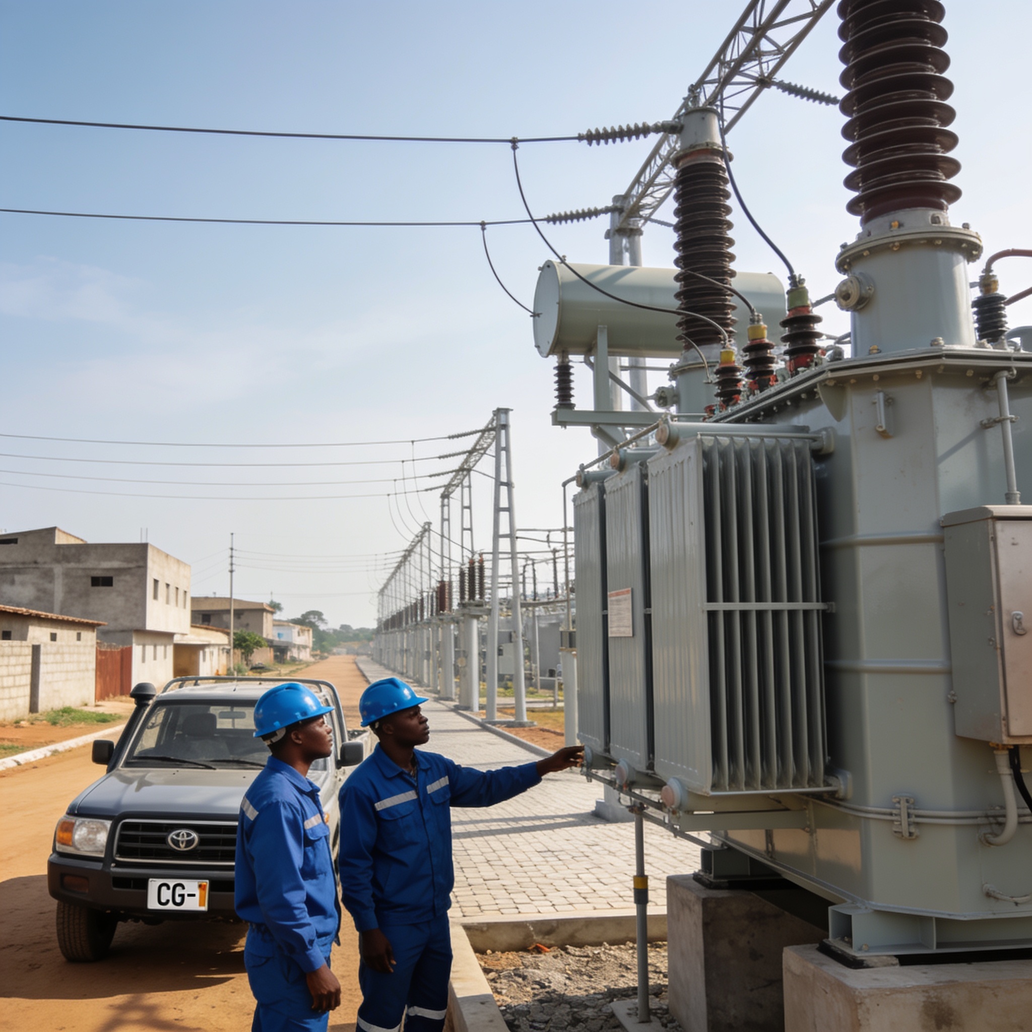 Create an editorial news illustration for an article about 'Mossaka connectée au réseau électrique national : une nouvelle ère pour le Congo-Oubangui'. The specific country is CG (CG); make visual cues accurate to this exact country and avoid flags o
