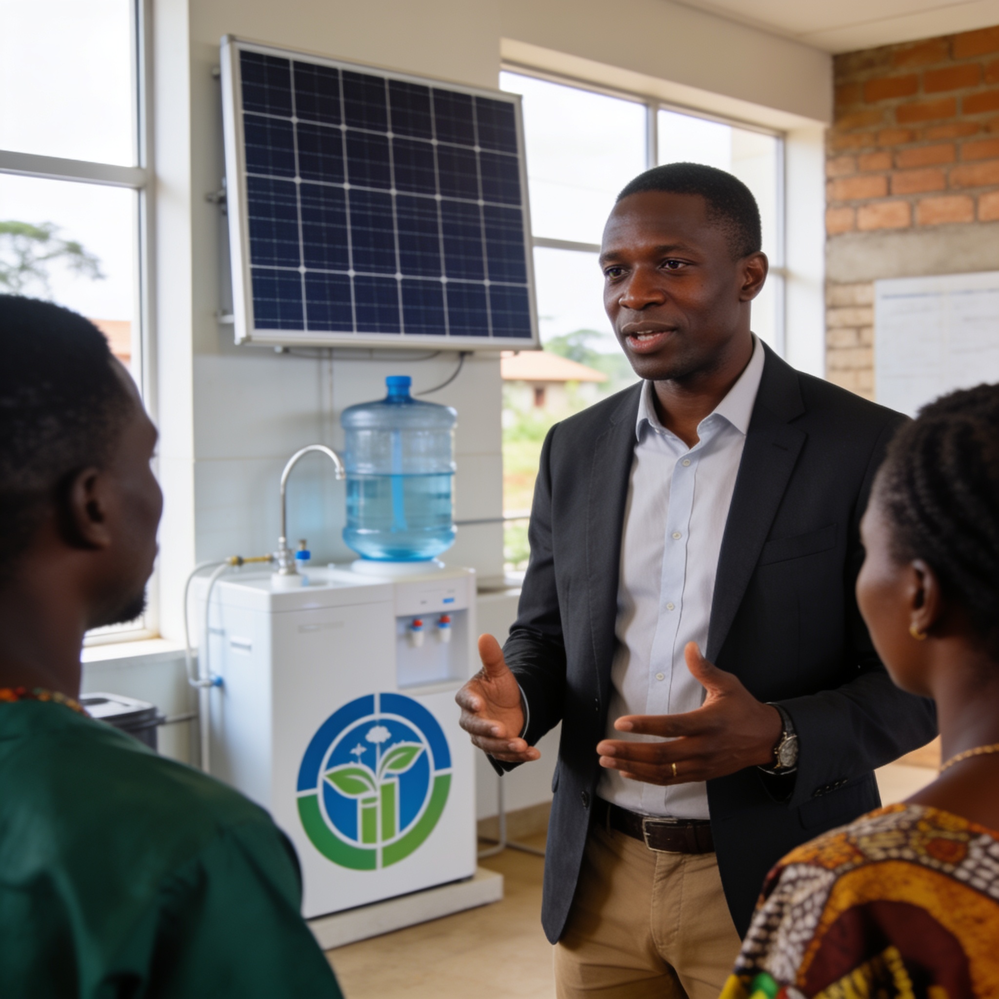 Create an editorial news illustration for an article about 'Nouveau mandat pour le Rotary au Congo : Hyacinthe Defoundoux mise sur la durabilité'. The specific country is CG (CG); make visual cues accurate to this exact country and avoid flags or sym