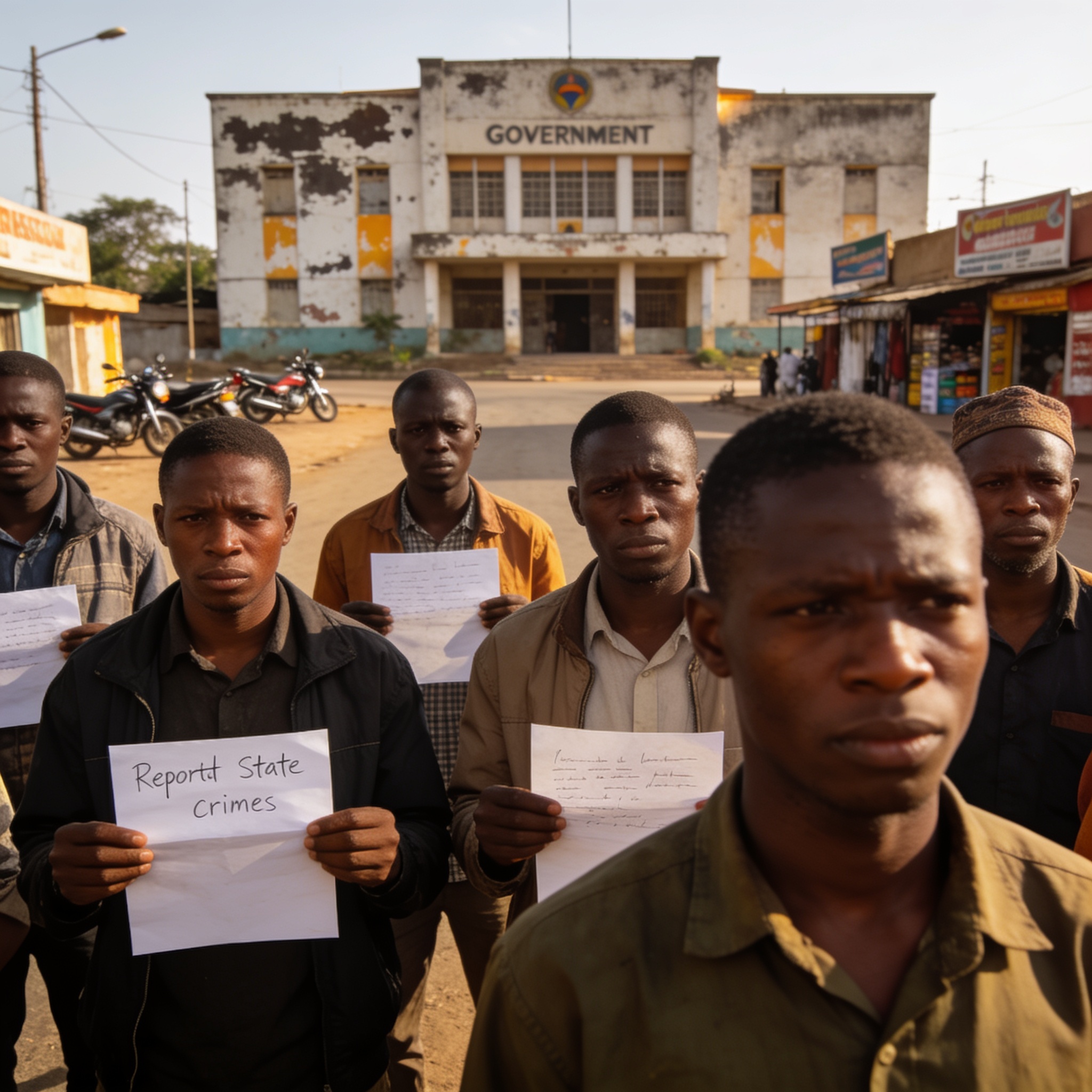 Create an editorial news illustration for an article about 'Opération « zéro kuluna » : 138 assassinats et disparitions, un rapport accablant du CAD dénonce des crimes d’État'. The specific country is CG (CG); make visual cues accurate to this exact