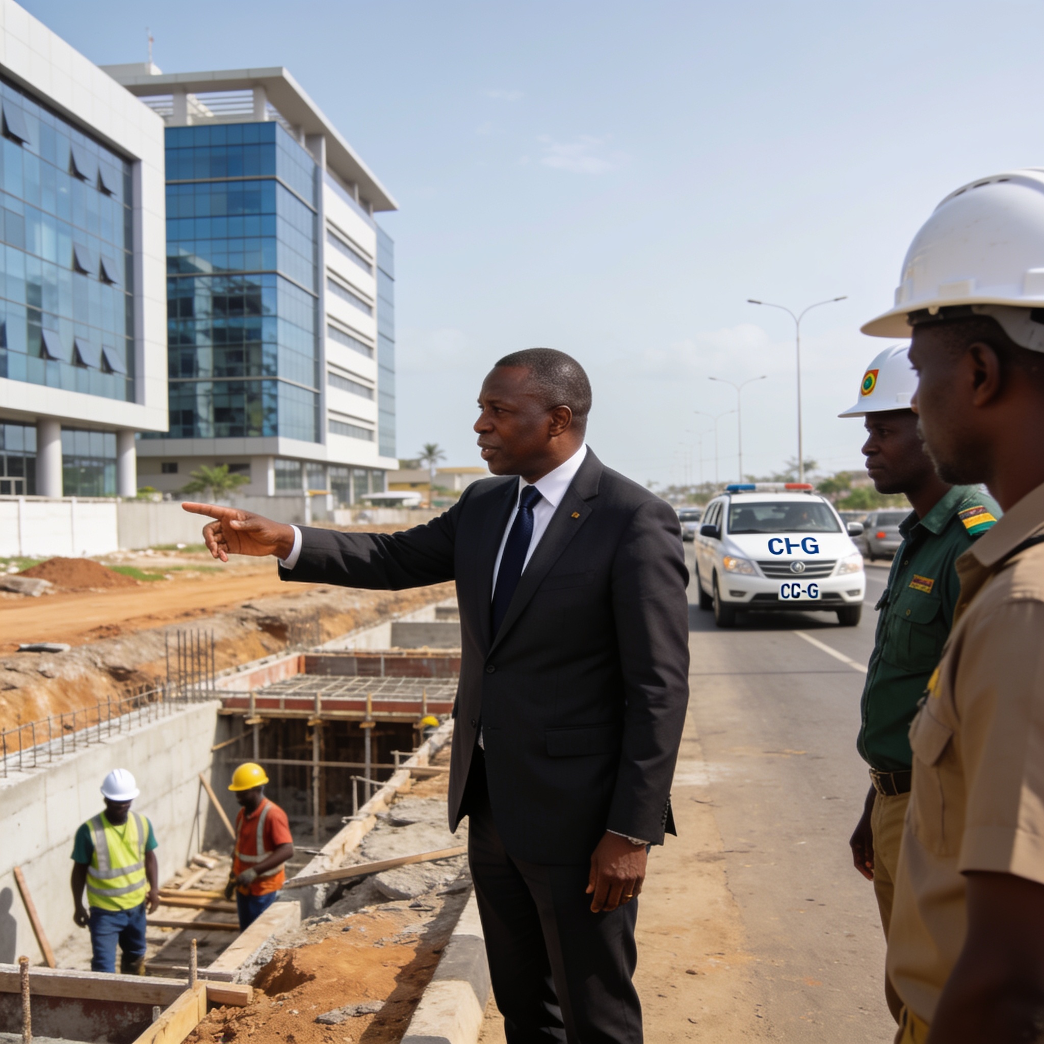 Create an editorial news illustration for an article about 'Tour SNPC à Pointe-Noire : le ministre Stev Simplice Onanga constate l’avancement des travaux'. The specific country is CG (CG); make visual cues accurate to this exact country and avoid fla